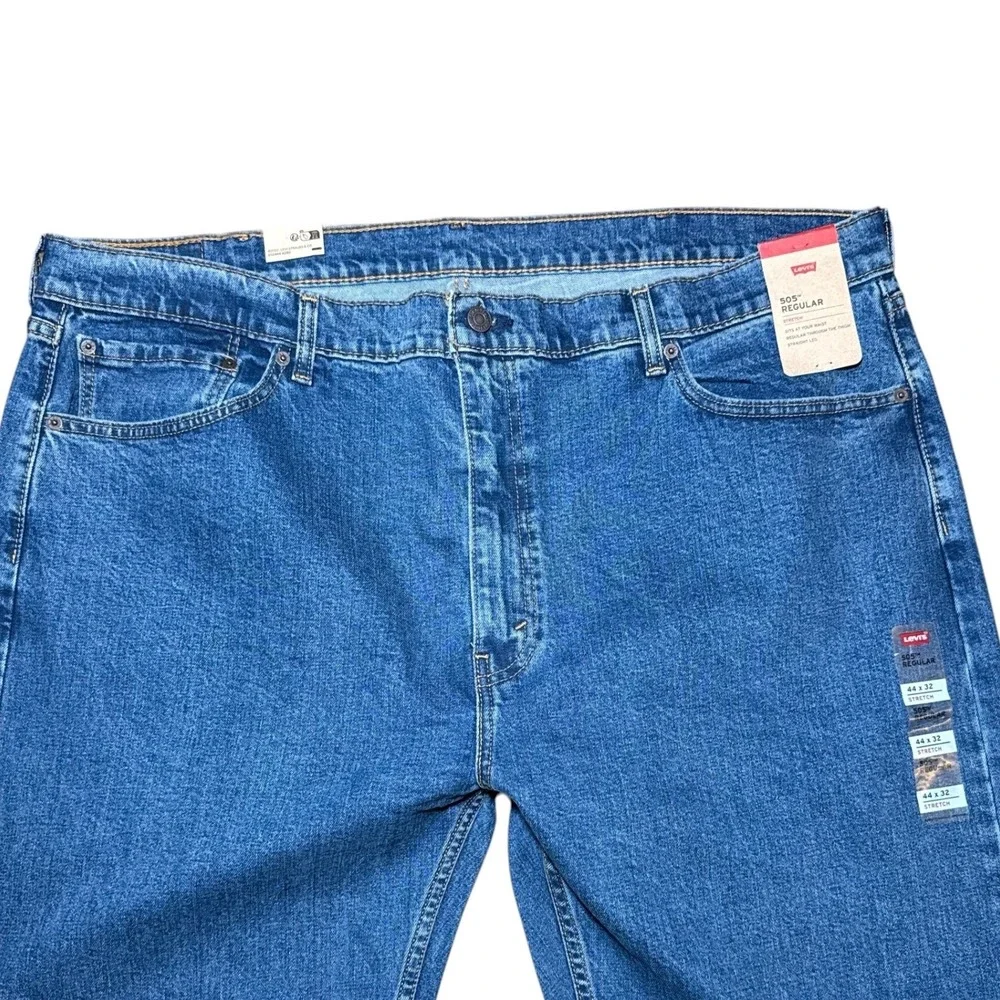 Levis 505 Regular Fit Stretch Jeans Mens 44x32 Blue Straight Leg Denim 005051454